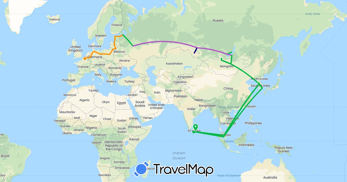 TravelMap itinerary: driving, bus, train, hiking, hitchhiking in Belgium, Germany, Estonia, France, South Korea, Sri Lanka, Lithuania, Latvia, Mongolia, Malaysia, Poland, Russia (Asia, Europe)